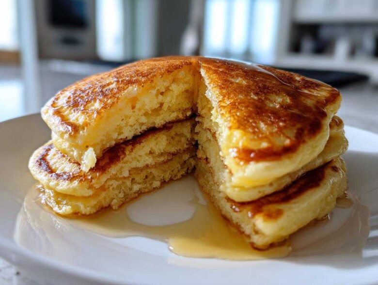 Close-up of a stack of fluffy old-fashioned pancakes cut in half, drizzled generously with maple syrup.
