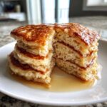 Close-up of a stack of fluffy old-fashioned pancakes cut in half, showing the airy interior and drenched in maple syrup.