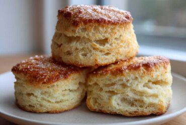 Three fluffy, tall scones stacked on a plate, featuring golden-brown tops sprinkled with coarse sugar.
