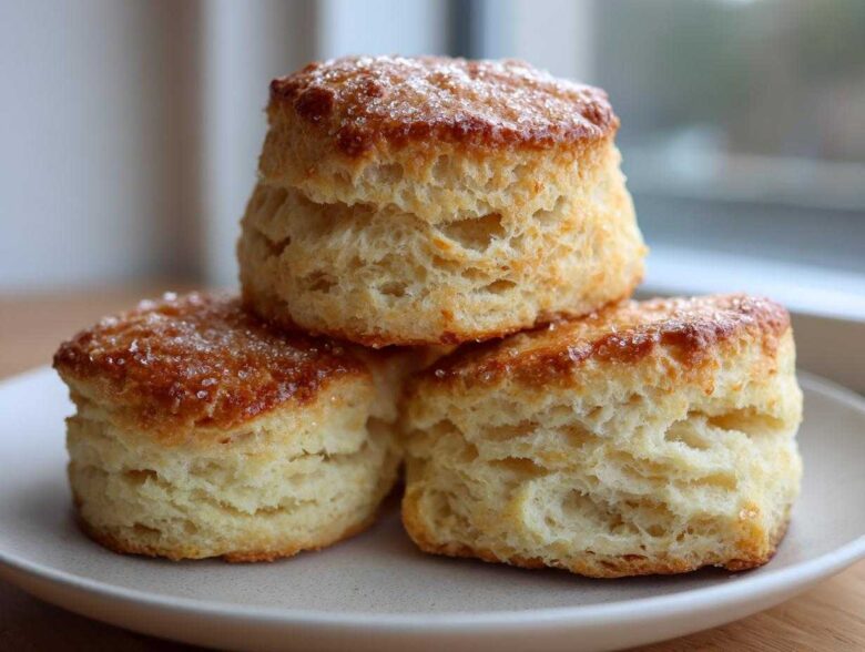 Three fluffy, tall scones stacked on a plate, featuring golden-brown tops sprinkled with coarse sugar.