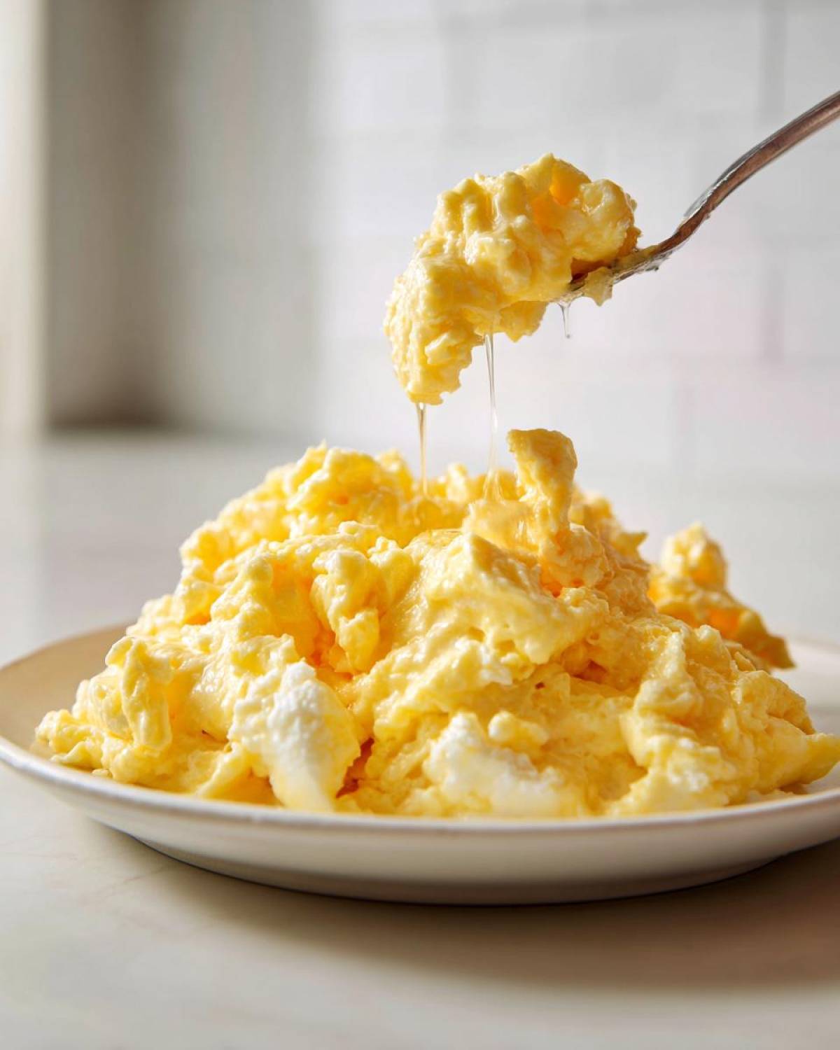 A close-up showing incredibly fluffy scrambled eggs piled on a white plate, with a fork lifting some, showing moisture dripping.