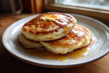 A stack of three fluffy sourdough pancakes topped with melting butter and drizzled with maple syrup.