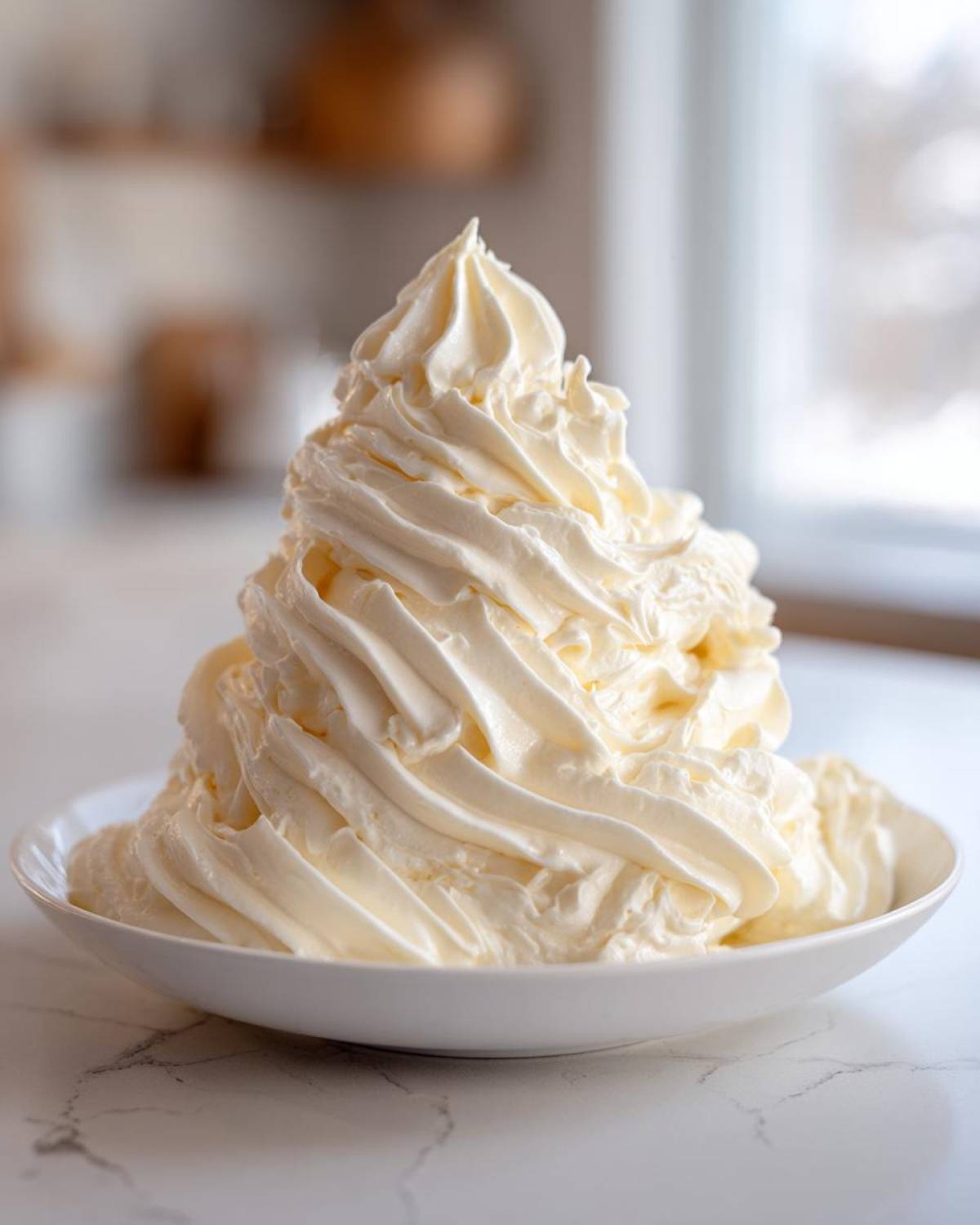A large, beautifully piped mound of creamy vanilla buttercream frosting in a white bowl.