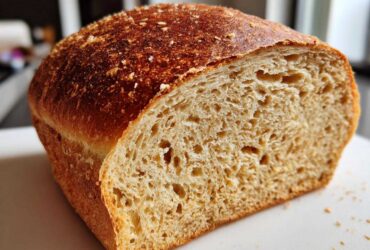 Close-up of a freshly baked loaf of whole wheat bread, showing the fluffy, open crumb structure and golden-brown crust.