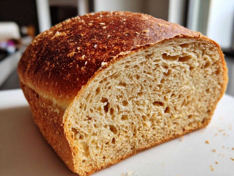 Close-up of a freshly baked loaf of whole wheat bread, showing the fluffy, open crumb structure and golden-brown crust.