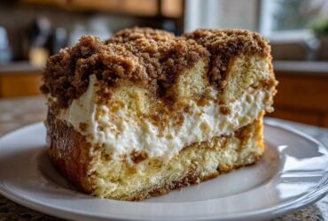 A thick slice of overnight french toast casserole with cream cheese filling and brown sugar crumble topping.