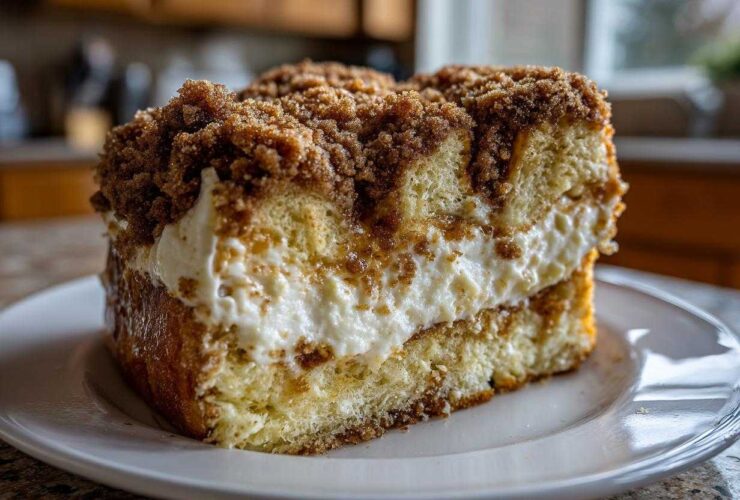 A thick slice of overnight french toast casserole with cream cheese filling and brown sugar crumble topping.