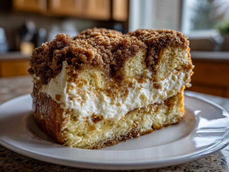A thick slice of overnight french toast casserole with cream cheese filling and brown sugar crumble topping.
