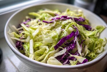Close-up of a white bowl filled with vibrant green and purple shredded cabbage salad.