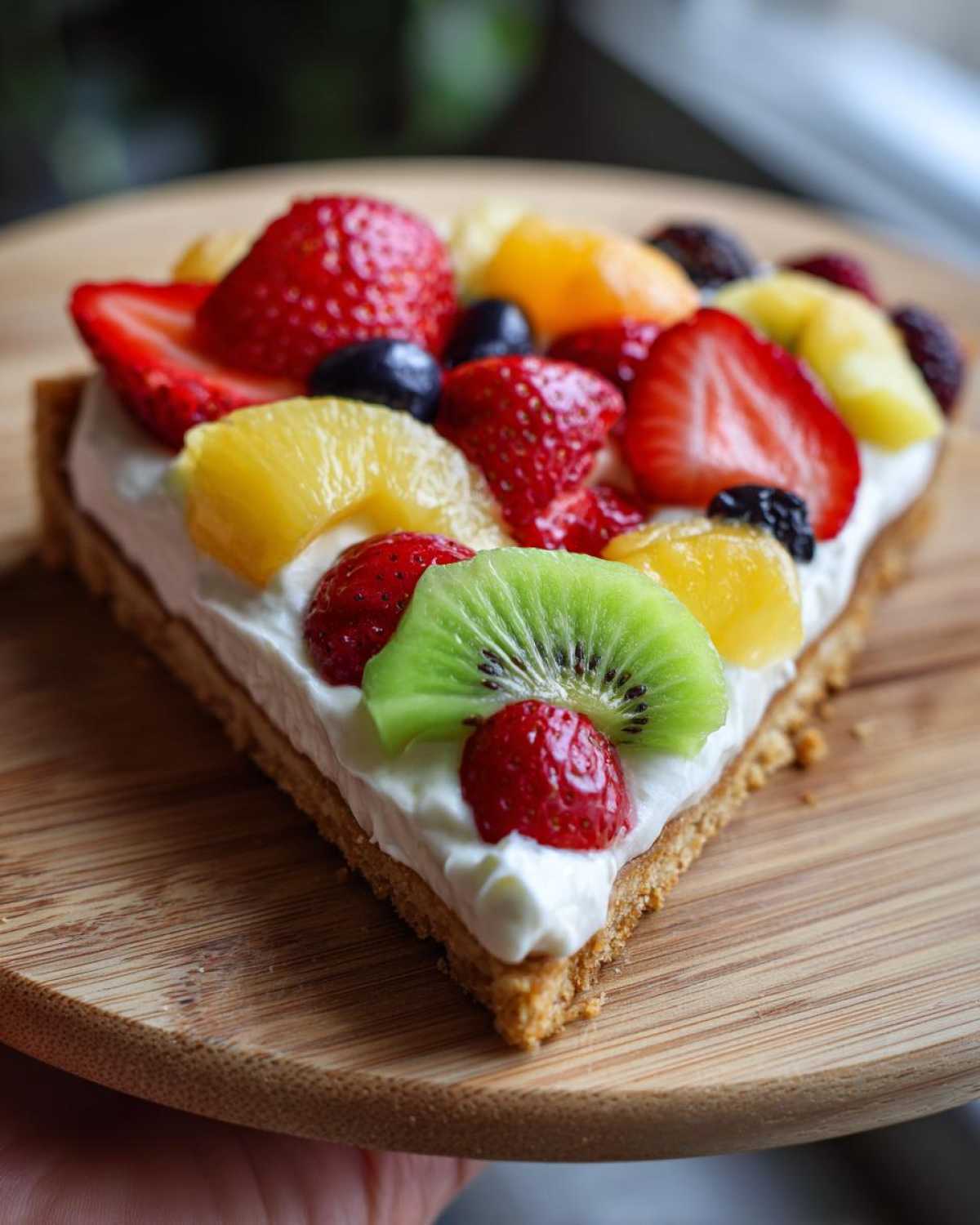 A triangular slice of fruit pizza sugar cookie topped with cream cheese frosting and colorful fresh fruit like strawberries and kiwi.