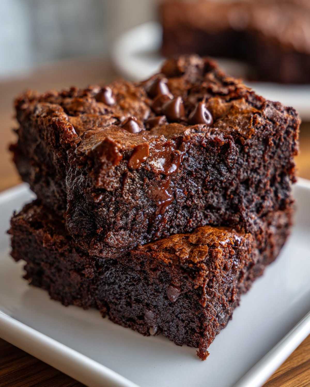 Close-up of two fudgy sweet potato brownies stacked, topped with melted chocolate chips.