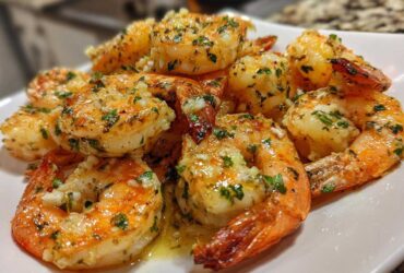 Close-up of juicy, cooked air fryer shrimp seasoned with garlic and parsley, glistening on a white plate.