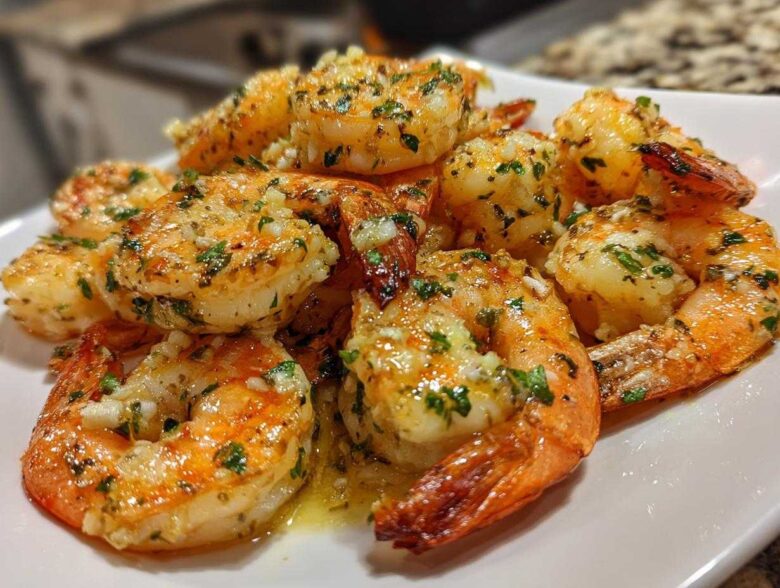 Close-up of juicy, cooked air fryer shrimp seasoned with garlic and parsley, glistening on a white plate.