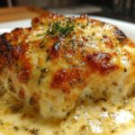 Close-up of a golden-brown Garlic Parmesan Chicken Bake topped with melted cheese and herbs, sitting in creamy sauce.