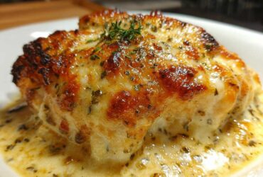 Close-up of a golden-brown Garlic Parmesan Chicken Bake topped with melted cheese and herbs, sitting in creamy sauce.