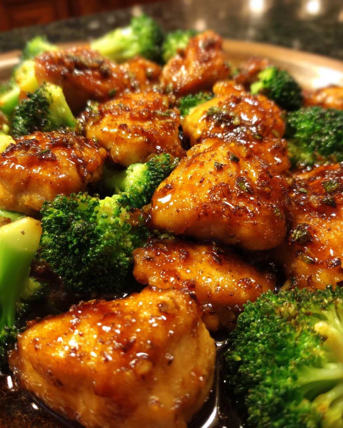 Close-up of glazed chicken pieces mixed with bright green broccoli florets in a savory sauce.