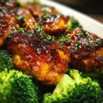 Close-up of glazed, caramelized chicken pieces served over bright green steamed broccoli, garnished with parsley.