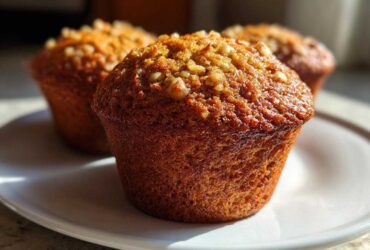 Close-up of three freshly baked banana nut muffins with a crunchy nut topping resting on a white plate.
