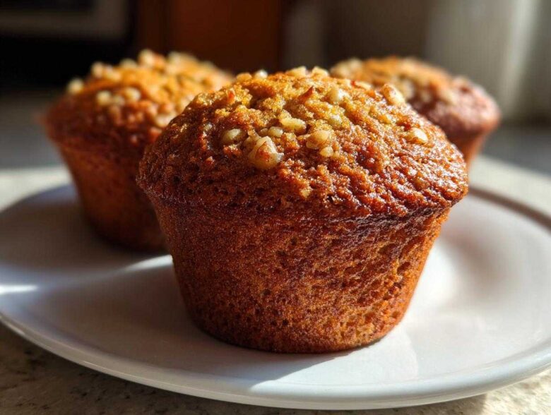 Close-up of three freshly baked banana nut muffins with a crunchy nut topping resting on a white plate.