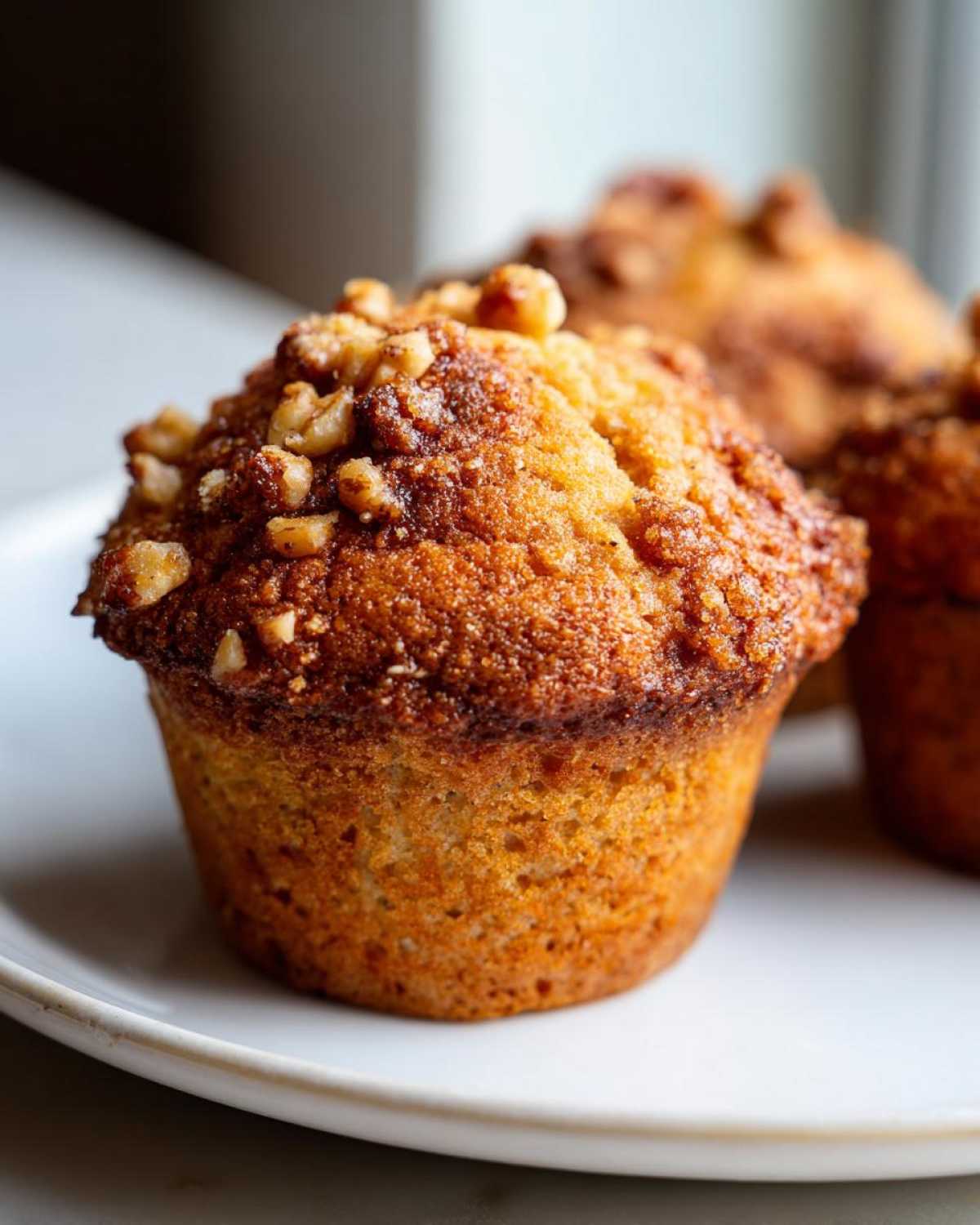 A close-up of a perfectly baked, golden brown banana nut muffin topped with chopped walnuts on a white plate.