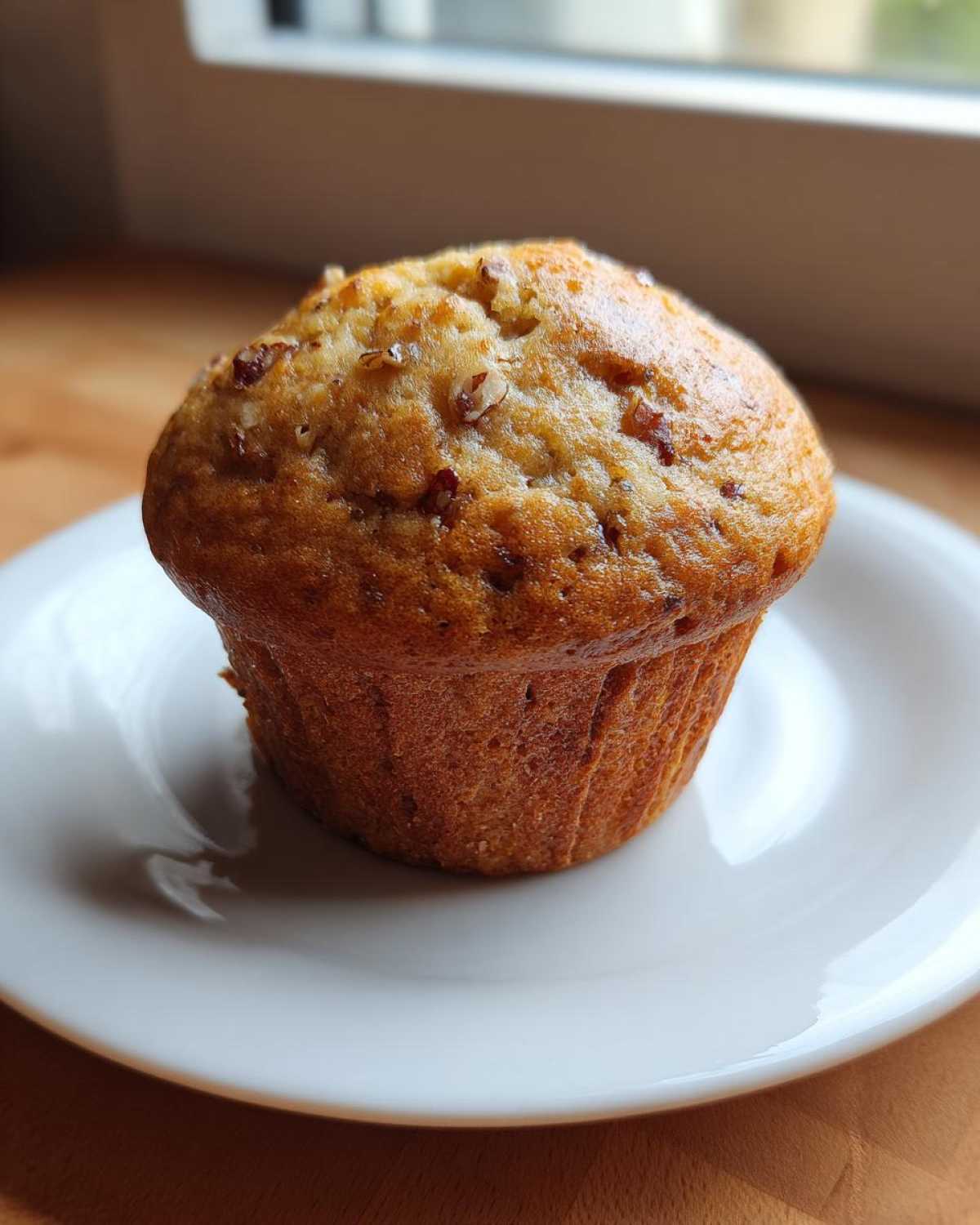 A single, golden-brown banana protein muffin topped with chopped nuts, resting on a white plate.
