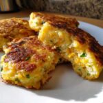 Close-up of golden brown mashed potato cakes, one broken open showing melted cheddar cheese and chives inside.