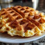 Close-up of golden brown, fluffy high protein waffles stacked on a white plate.