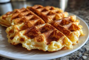 Close-up of golden brown, fluffy high protein waffles stacked on a white plate.