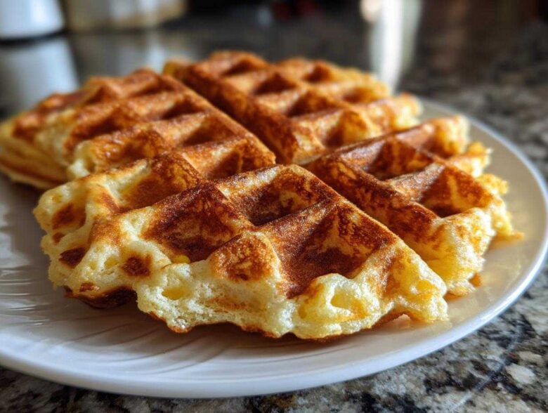 Close-up of golden brown, fluffy high protein waffles stacked on a white plate.