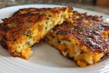 Close-up of two golden brown mashed potato cakes, cut to show the fluffy interior with orange cheddar cheese and chives.