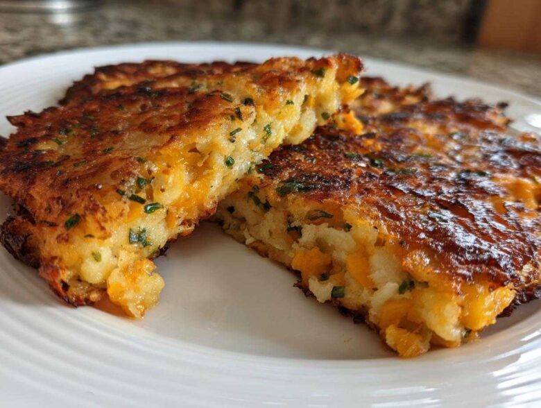 Close-up of two golden brown mashed potato cakes, cut to show the fluffy interior with orange cheddar cheese and chives.