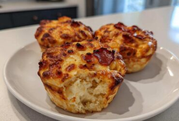Three golden brown, cheesy Pizza Muffins served on a white plate, one muffin has a bite taken out showing the fluffy interior.
