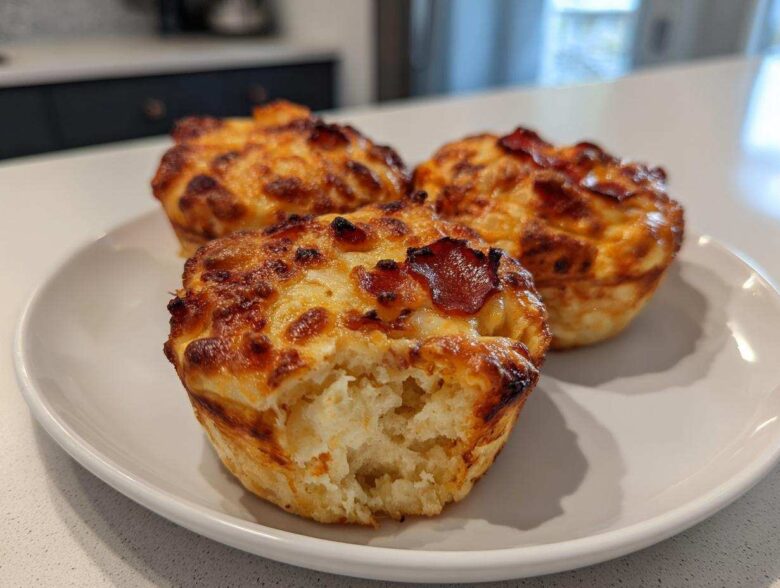 Three golden brown, cheesy Pizza Muffins served on a white plate, one muffin has a bite taken out showing the fluffy interior.