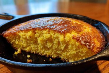 Close-up of golden, moist skillet cornbread baked in a cast iron pan with a piece removed.