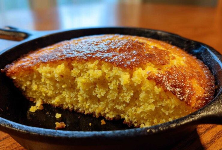 Close-up of golden, moist skillet cornbread baked in a cast iron pan with a piece removed.