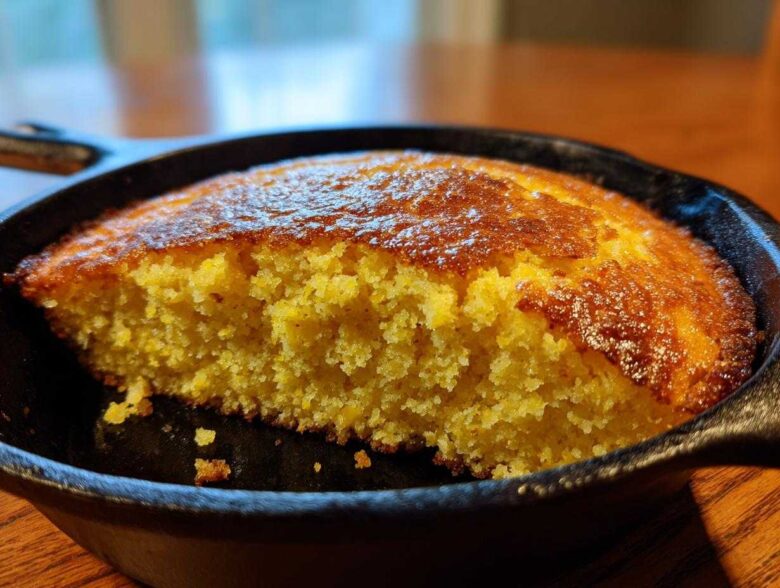 Close-up of golden, moist skillet cornbread baked in a cast iron pan with a piece removed.