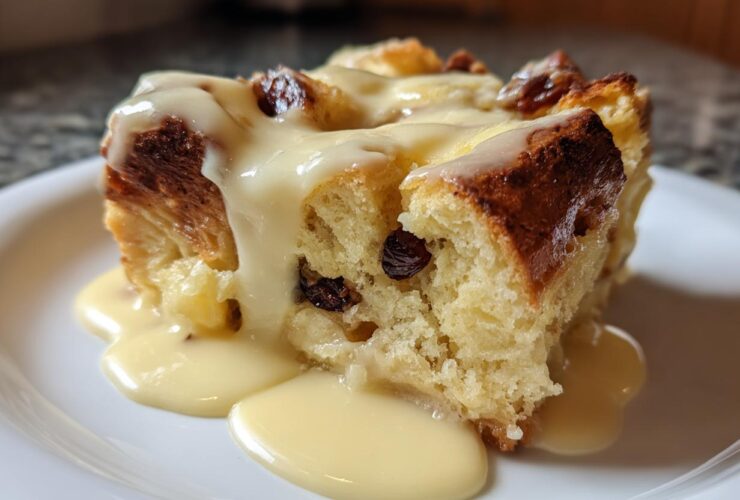 Close-up of a square slice of rich bread pudding studded with raisins, topped generously with vanilla cream sauce.
