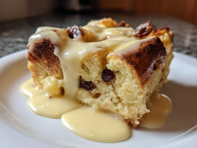 Close-up of a square slice of rich bread pudding studded with raisins, topped generously with vanilla cream sauce.
