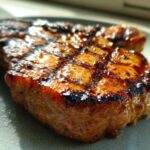 Close-up of a perfectly grilled pork chop showing deep grill marks and a glossy, caramelized exterior from the marinade for pork chops.