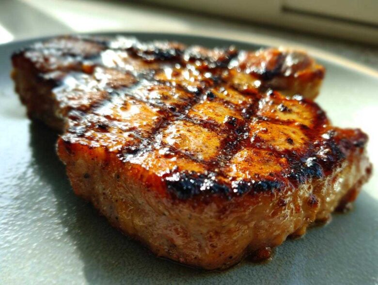 Close-up of a perfectly grilled pork chop showing deep grill marks and a glossy, caramelized exterior from the marinade for pork chops.