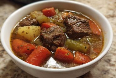 Close-up of a steaming bowl of hearty vegetable beef soup with chunks of beef, carrots, and potatoes.