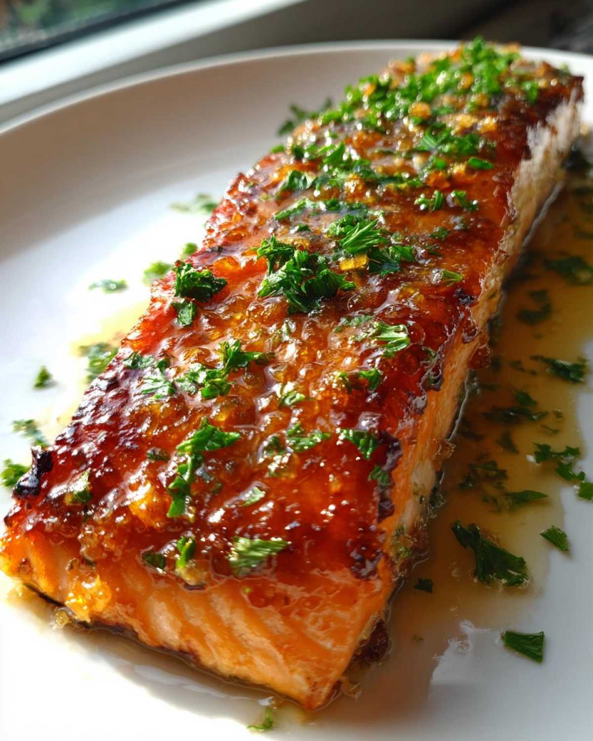 Close-up of a perfectly cooked honey garlic salmon fillet, glistening with glaze and topped with fresh parsley.