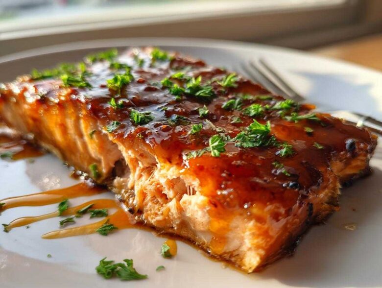 Close-up of a perfectly cooked honey garlic salmon fillet, glistening with glaze and topped with fresh parsley.