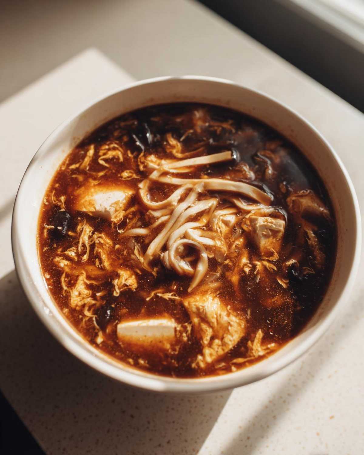 A steaming bowl of rich, dark brown hot and sour soup recipe with tofu, egg ribbons, and noodles.