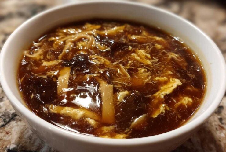 Close-up of a steaming bowl of rich, dark brown hot and sour soup recipe with ribbons of egg and mushrooms.