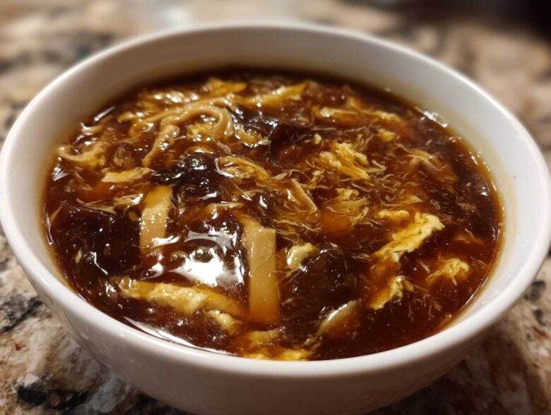 Close-up of a steaming bowl of rich, dark brown hot and sour soup recipe with ribbons of egg and mushrooms.