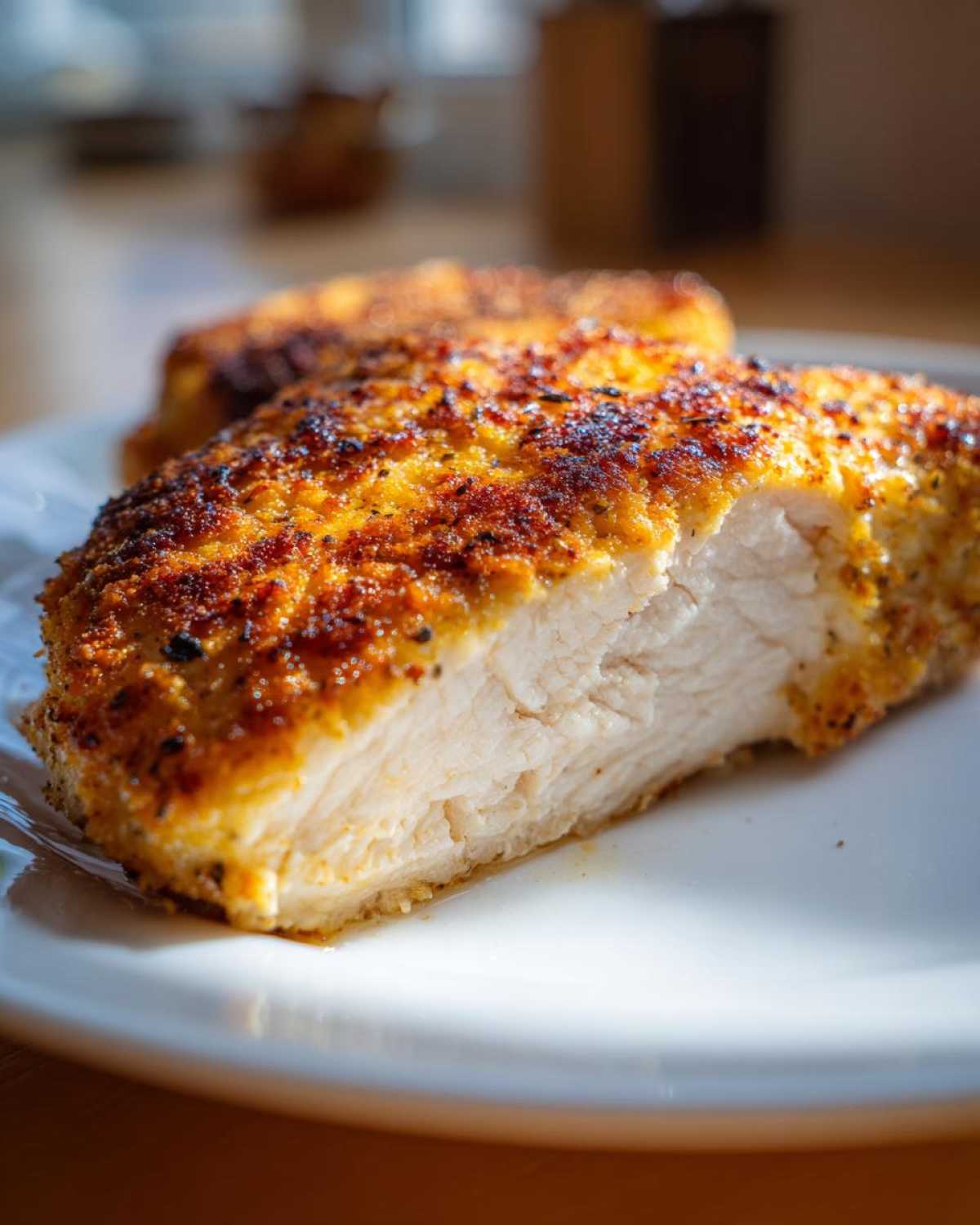 Close-up of a perfectly cooked, juicy air fryer chicken breast cut in half showing the white interior and crispy seasoned crust.