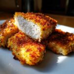 Close-up of perfectly cooked, crispy air fryer chicken cutlets, showing the juicy white interior.