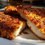 Close-up of juicy air fryer chicken breasts, showing the crispy golden breading and tender white interior.