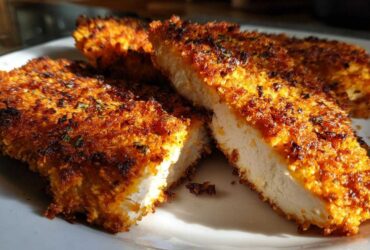 Close-up of juicy air fryer chicken breasts, showing the crispy golden breading and tender white interior.